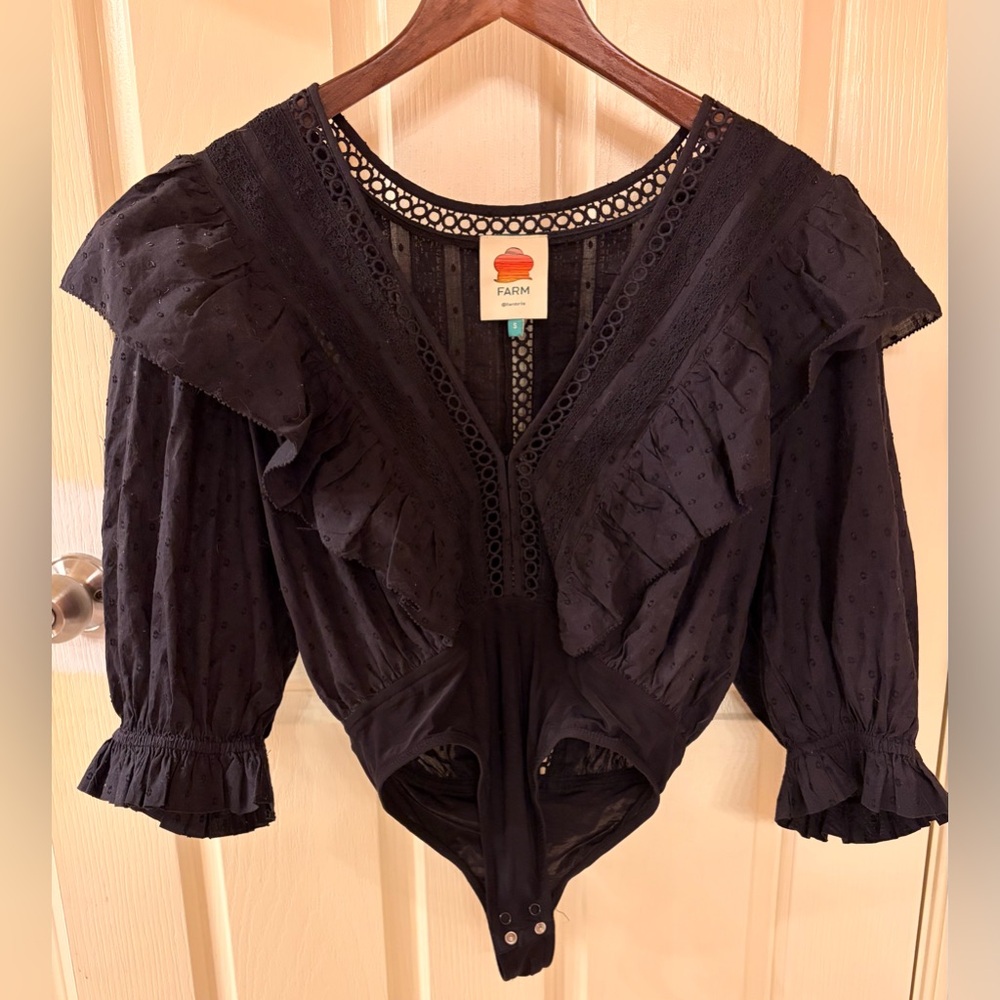 Farm Rio Black Long sleeved Cotton Lace Ruffled Bodysuit, Small